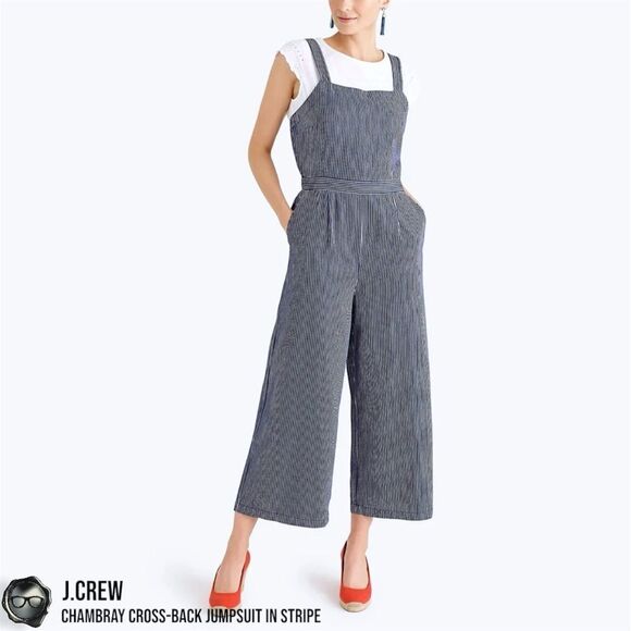 J.CREW CHAMBRAY CROSS-BACK OVERALL JUMPSUIT IN INDIGO RAILROAD STRIPE WIDE LEG - Picture 1 of 12